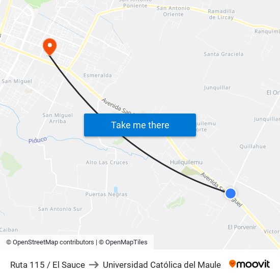 Ruta 115 / El Sauce to Universidad Católica del Maule map