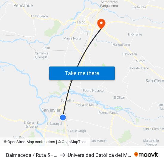 Balmaceda / Ruta 5 - Sur to Universidad Católica del Maule map