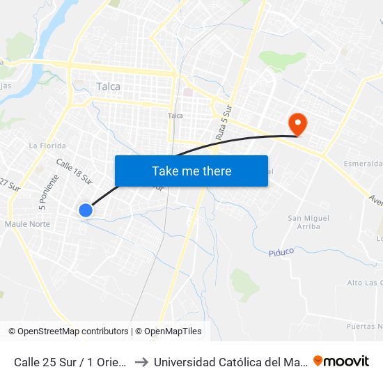 Calle 25 Sur / 1 Oriente to Universidad Católica del Maule map