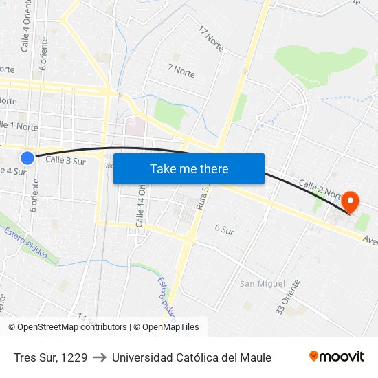 Tres Sur, 1229 to Universidad Católica del Maule map