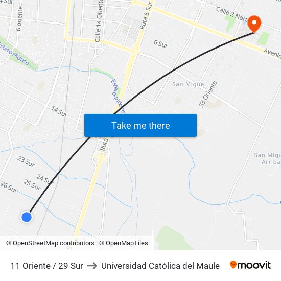 11 Oriente / 29 Sur to Universidad Católica del Maule map