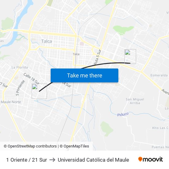 1 Oriente / 21 Sur to Universidad Católica del Maule map