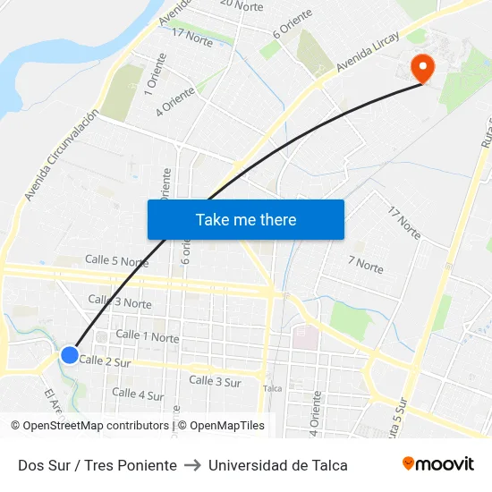 Dos Sur / Tres Poniente to Universidad de Talca map