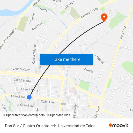 Dos Sur / Cuatro Oriente to Universidad de Talca map