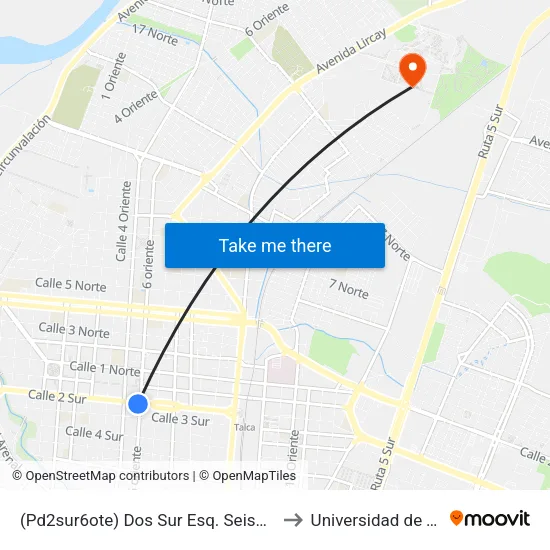 (Pd2sur6ote) Dos Sur Esq. Seis6 Oriente to Universidad de Talca map