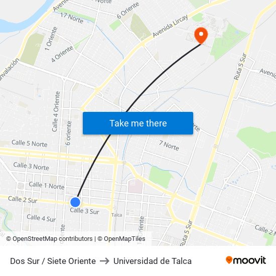 Dos Sur / Siete Oriente to Universidad de Talca map
