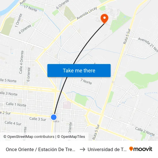 Once Oriente / Estación De Tren Talca to Universidad de Talca map