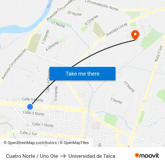 Cuatro Norte / Uno Ote to Universidad de Talca map