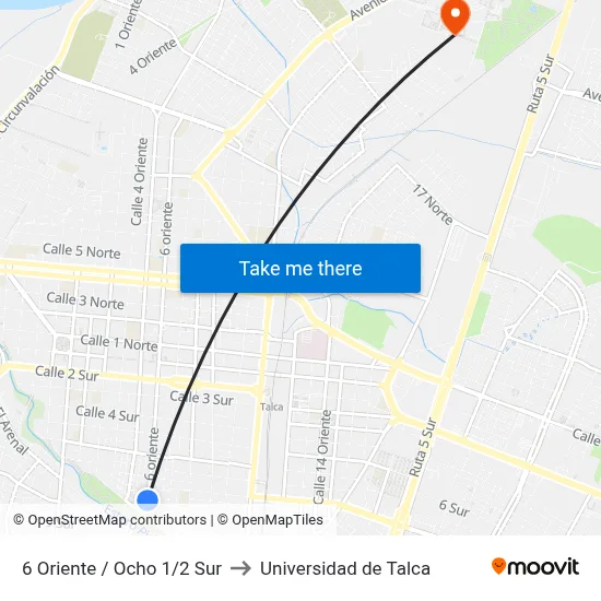 6 Oriente / Ocho 1/2 Sur to Universidad de Talca map