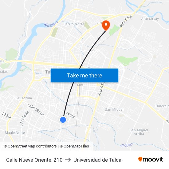 Calle Nueve Oriente, 210 to Universidad de Talca map