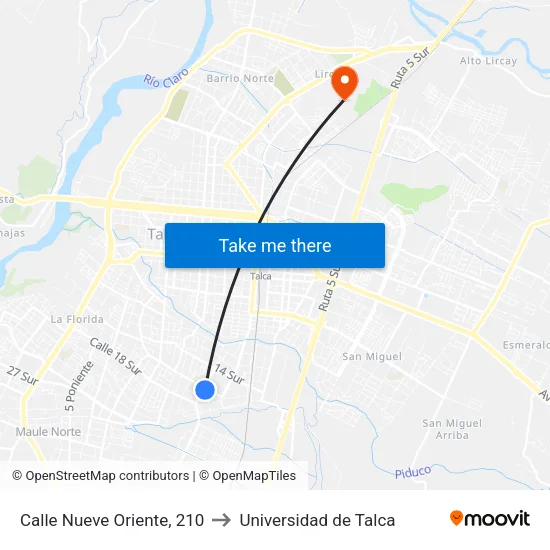 Calle Nueve Oriente, 210 to Universidad de Talca map