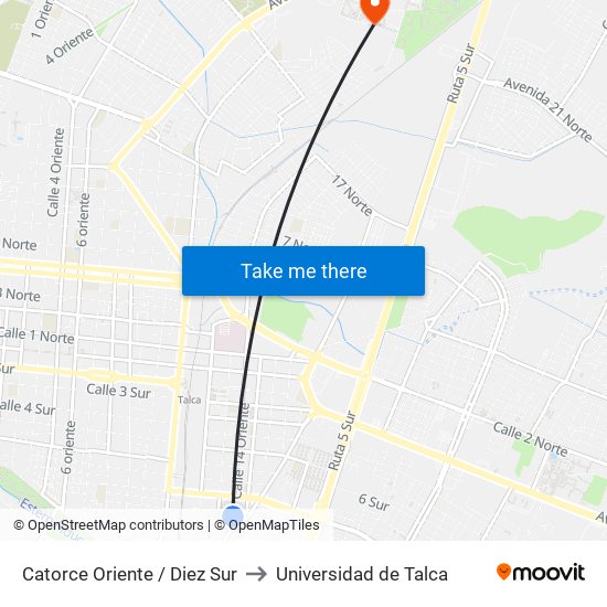 Catorce Oriente / Diez Sur to Universidad de Talca map