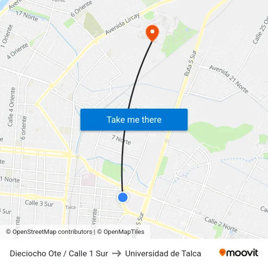 Dieciocho Ote / Calle 1 Sur to Universidad de Talca map
