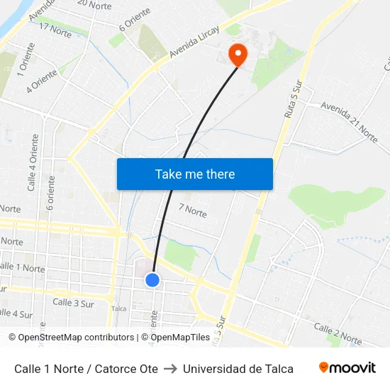 Calle 1 Norte / Catorce Ote to Universidad de Talca map