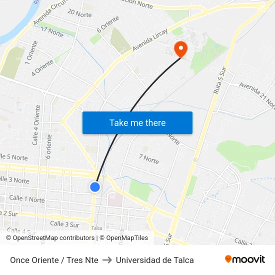 Once Oriente / Tres Nte to Universidad de Talca map