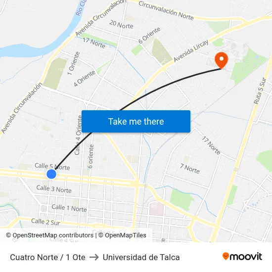 Cuatro Norte / 1 Ote to Universidad de Talca map