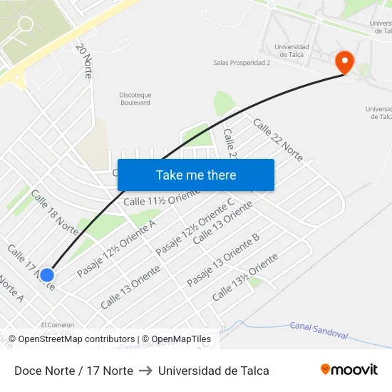 Doce Norte / 17 Norte to Universidad de Talca map