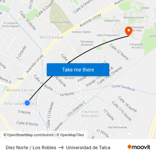 Diez Norte / Los Robles to Universidad de Talca map