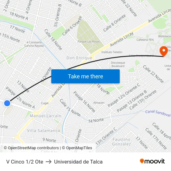 V Cinco 1/2 Ote to Universidad de Talca map