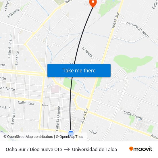 Ocho Sur / Diecinueve Ote to Universidad de Talca map