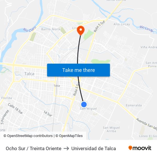 Ocho Sur / Treinta Oriente to Universidad de Talca map