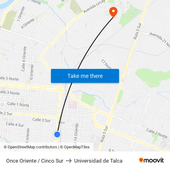 Once Oriente / Cinco Sur to Universidad de Talca map
