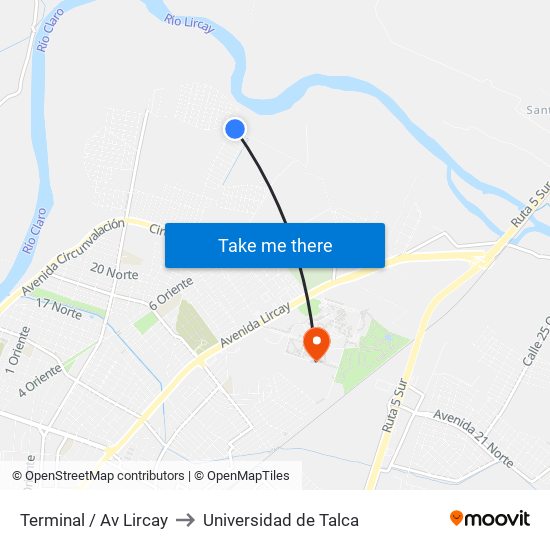 Terminal / Av Lircay to Universidad de Talca map