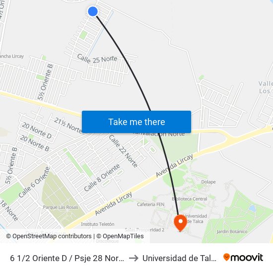 6 1/2 Oriente D / Psje 28 Norte to Universidad de Talca map