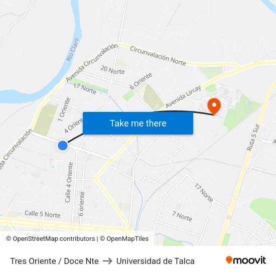 Tres Oriente / Doce Nte to Universidad de Talca map