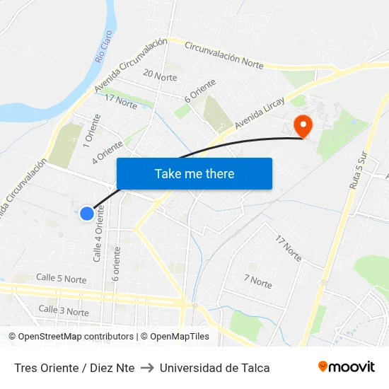 Tres Oriente / Diez Nte to Universidad de Talca map