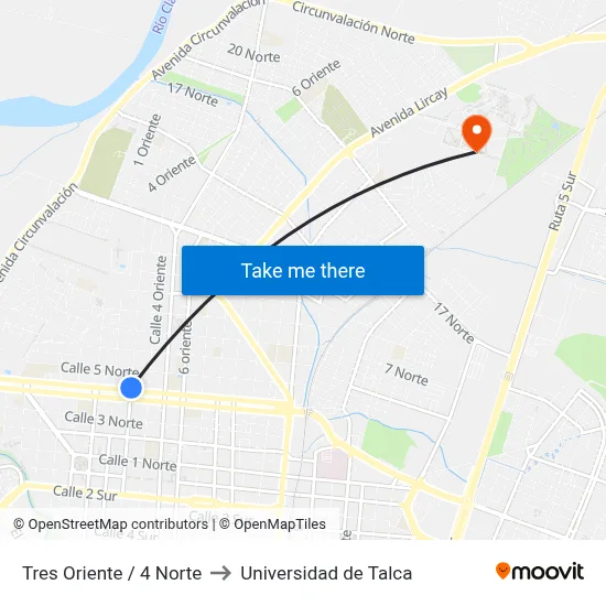 Tres Oriente / 4 Norte to Universidad de Talca map