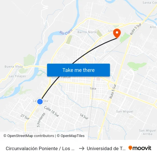 Circunvalación Poniente / Los Caquis to Universidad de Talca map