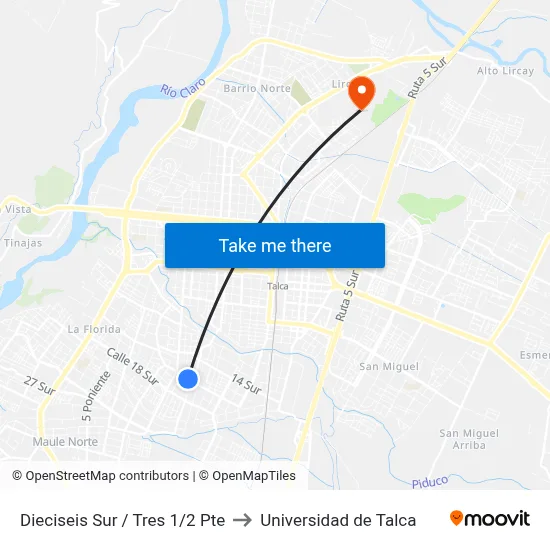 Dieciseis Sur / Tres 1/2 Pte to Universidad de Talca map