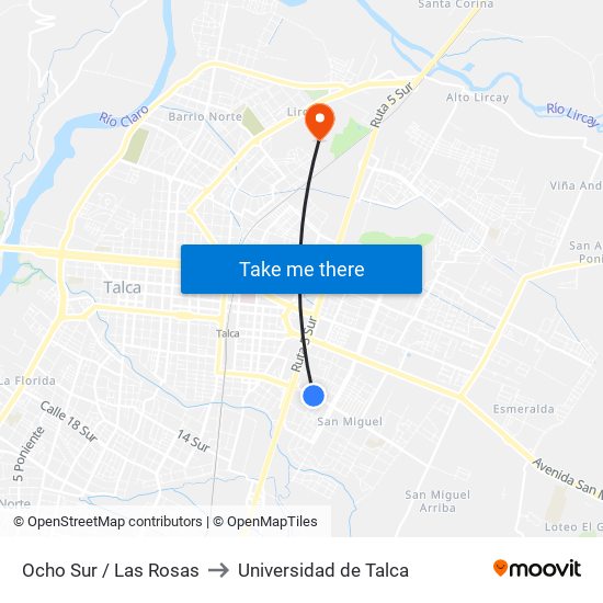 Ocho Sur / Las Rosas to Universidad de Talca map