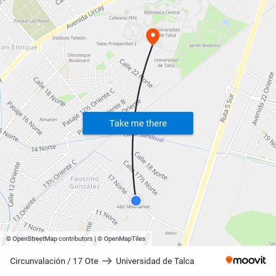 Circunvalación / 17 Ote to Universidad de Talca map