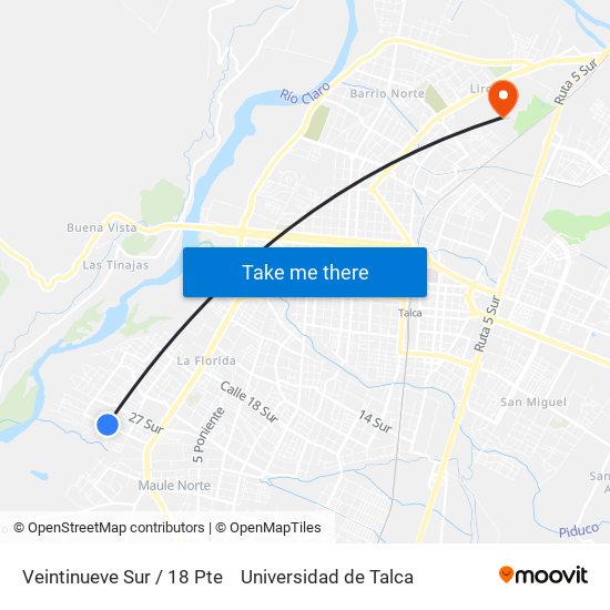 Veintinueve Sur / 18 Pte to Universidad de Talca map