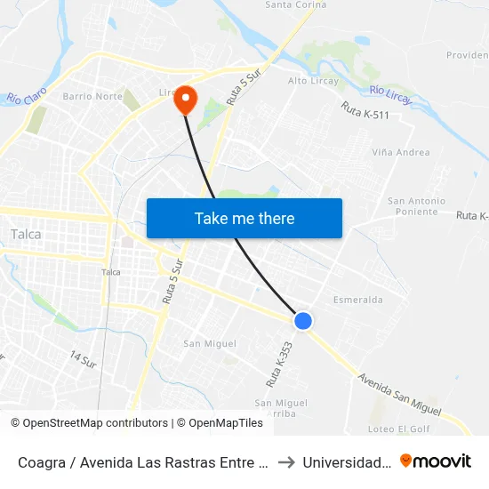 Coagra / Avenida Las Rastras Entre 1 Sur Y Av. San Miguel to Universidad de Talca map