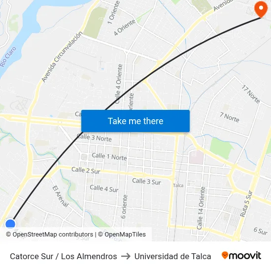 Catorce Sur / Los Almendros to Universidad de Talca map