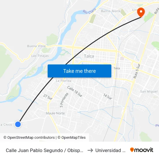 Calle Juan Pablo Segundo / Obispo Manuel Larrain to Universidad de Talca map