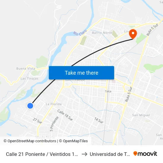 Calle 21 Poniente / Veintidos 1/2 Sur to Universidad de Talca map