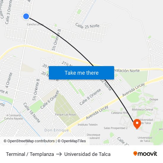 Terminal / Templanza to Universidad de Talca map