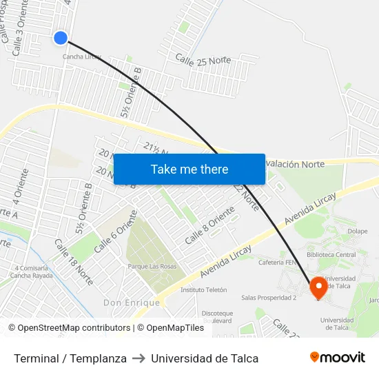 Terminal / Templanza to Universidad de Talca map
