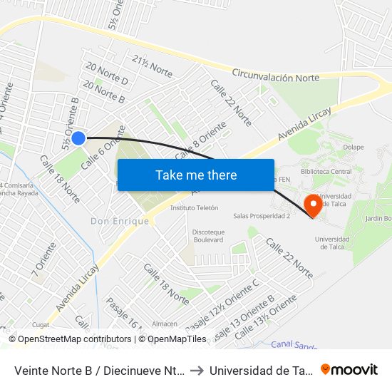 Veinte Norte B / Diecinueve Nte C to Universidad de Talca map