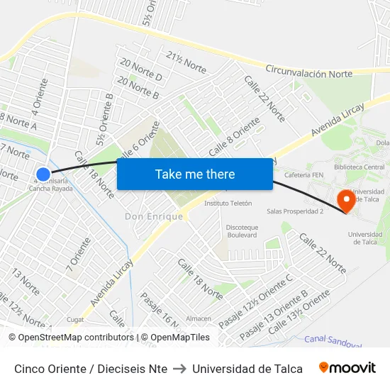 Cinco Oriente / Dieciseis Nte to Universidad de Talca map