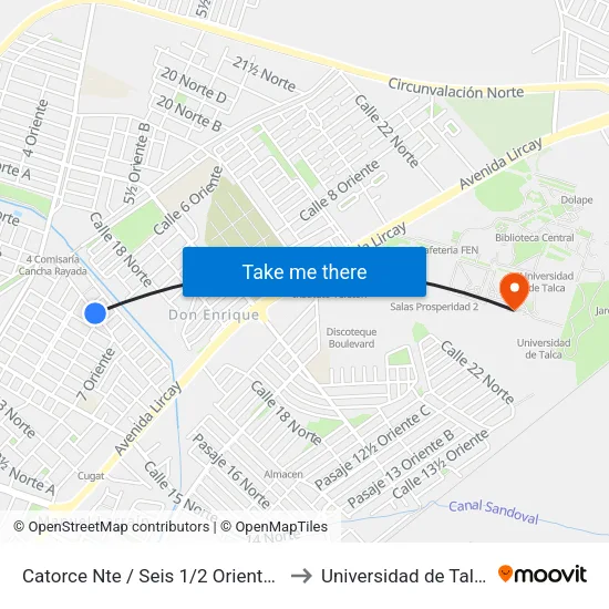 Catorce Nte / Seis 1/2 Oriente B to Universidad de Talca map