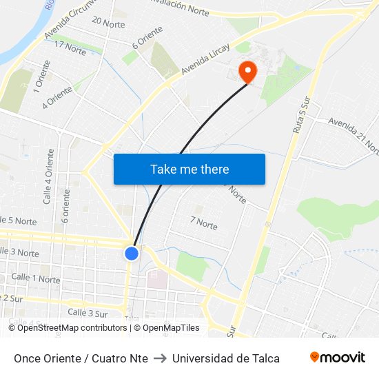 Once Oriente / Cuatro Nte to Universidad de Talca map