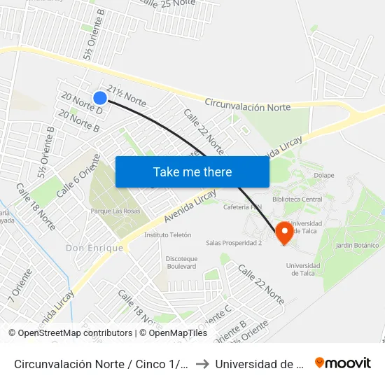 Circunvalación Norte / Cinco 1/2 Ote C to Universidad de Talca map
