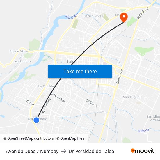 Avenida Duao / Numpay to Universidad de Talca map
