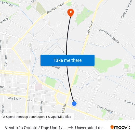 Veintitrés Oriente / Psje Uno 1/2 Sur A to Universidad de Talca map