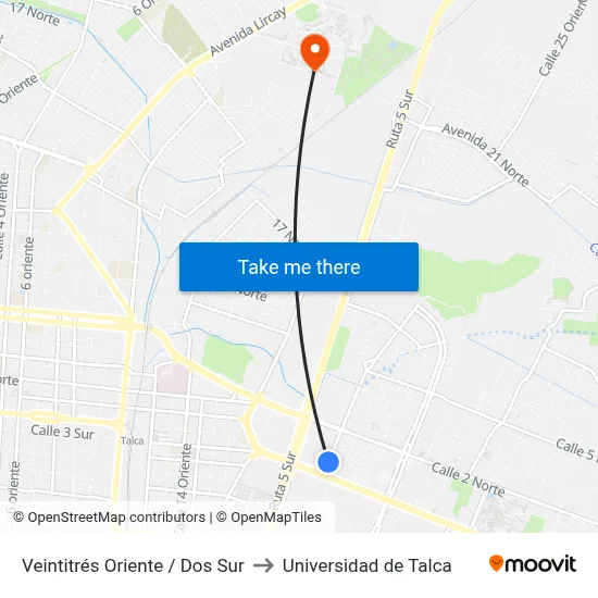 Veintitrés Oriente / Dos Sur to Universidad de Talca map